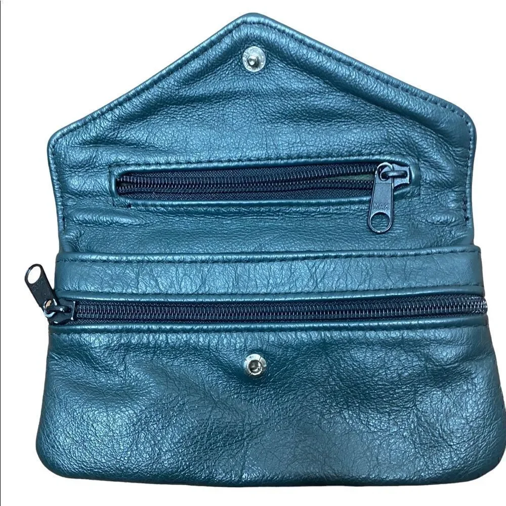Tromet Dark green leather fold over snap wallet with two zippered compartments